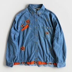 Upcycled Chicago Bears Button Shirt Unisex L Handmade Patchwork Unique Blue